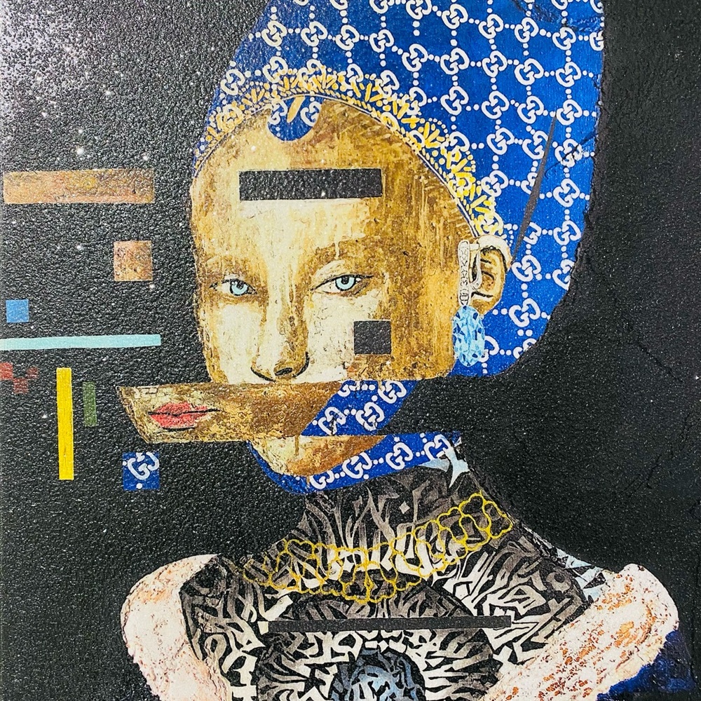 Modern Abstract Portrait with Blue and Black Accents Size : 31.5’x24.5’